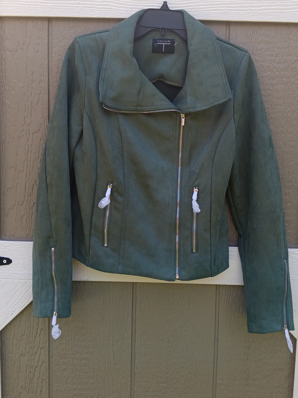 Tahari NWT Dark Green Faux Suede Leather Asymmetrical Zip Jacket Size M